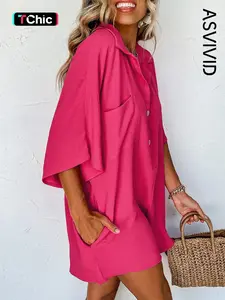 Women's Plain Pocket Button Front Shirt Jumpsuit, Casual Batwing Sleeve Collared Romper for Summer, Minimalist Basic Onesies, Fashion Women's Clothing for Daily Wear