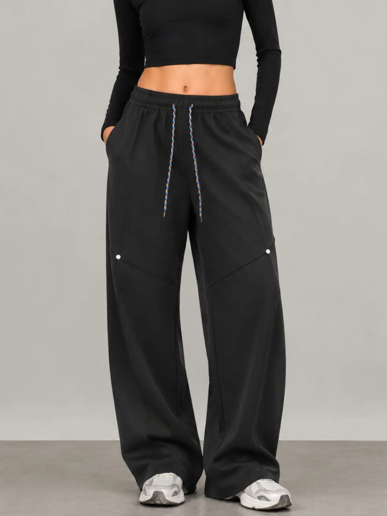 Women's Sweatpants - Wide-Leg Baggy Colorblock Style with Colorful Cord Detailing and Studs, Full-Length Casual Loose Straight-Cut Sweatpants for Women