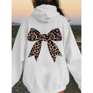 Women's Leopard Print Bow Detail Hoodie - High Street Casual Pullover with Pockets, Comfortable Fall/Winter Fashion, Machine Washable Versatile Sweatshirt, Cute Hoodie, Durable Fabric