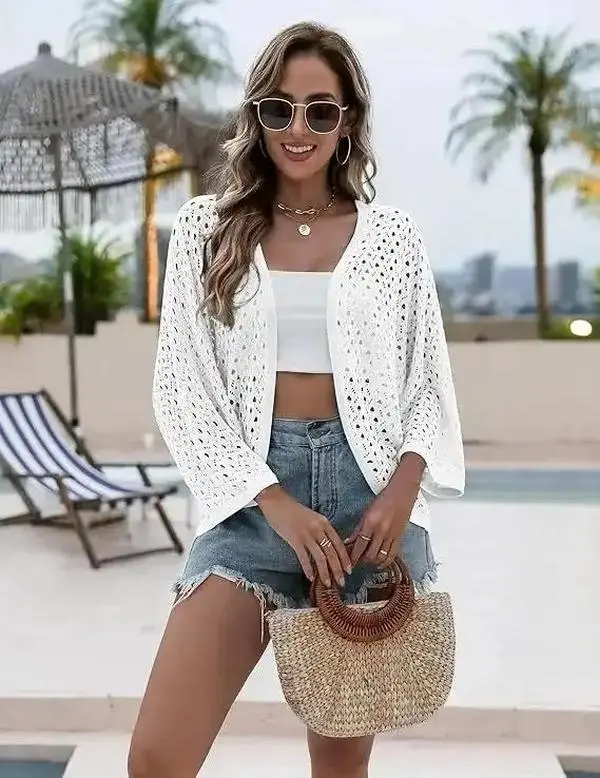 Women's Refined Chic Crochet Cardigan, Oversized Boho Kimono Tops, Lightweight Polyester Knit with 3/4 Batwing Sleeves, Summer Beach Cover Up, effortless layering, chic everyday, refined casual