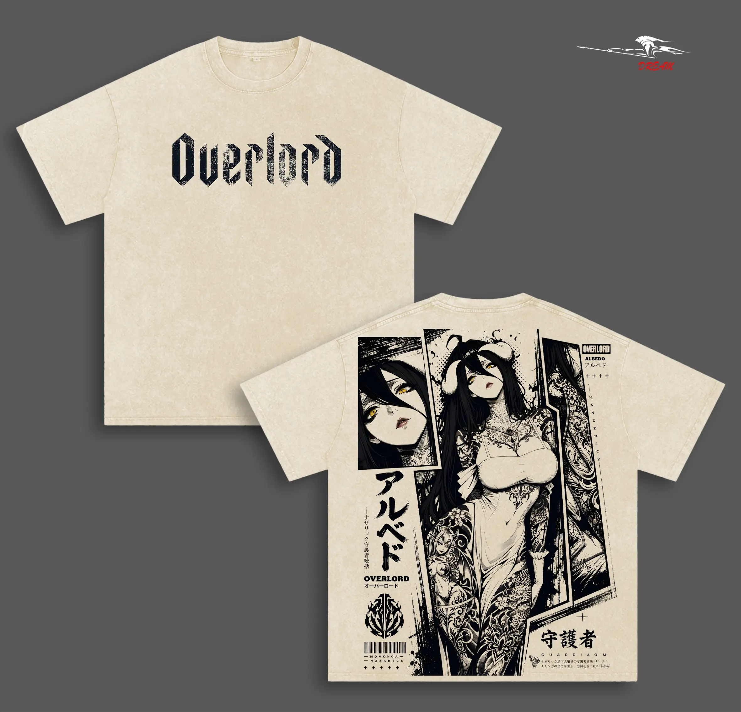 Albedo Overlord Anime Double Printed Vintage Washed Tee Unisex Oversize Anime Manga Washed Heavyweight Cotton T-shirt