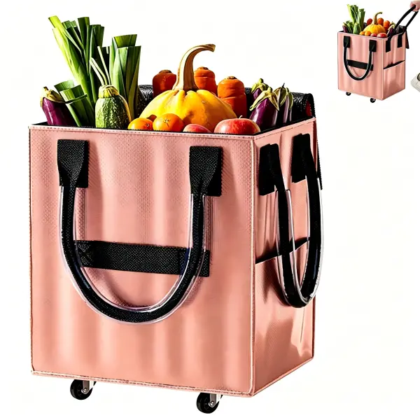 Rolling Shopping Tote Bag with 4 Swivel Wheels, Collapsible Reusable Grocery Storage Bag, Portable Hand Pull Trolley with Zipper Cover, Waterproof Fabric Utility Bag for Grocery Laundry Camping Moving, Rose Gold Medium Size