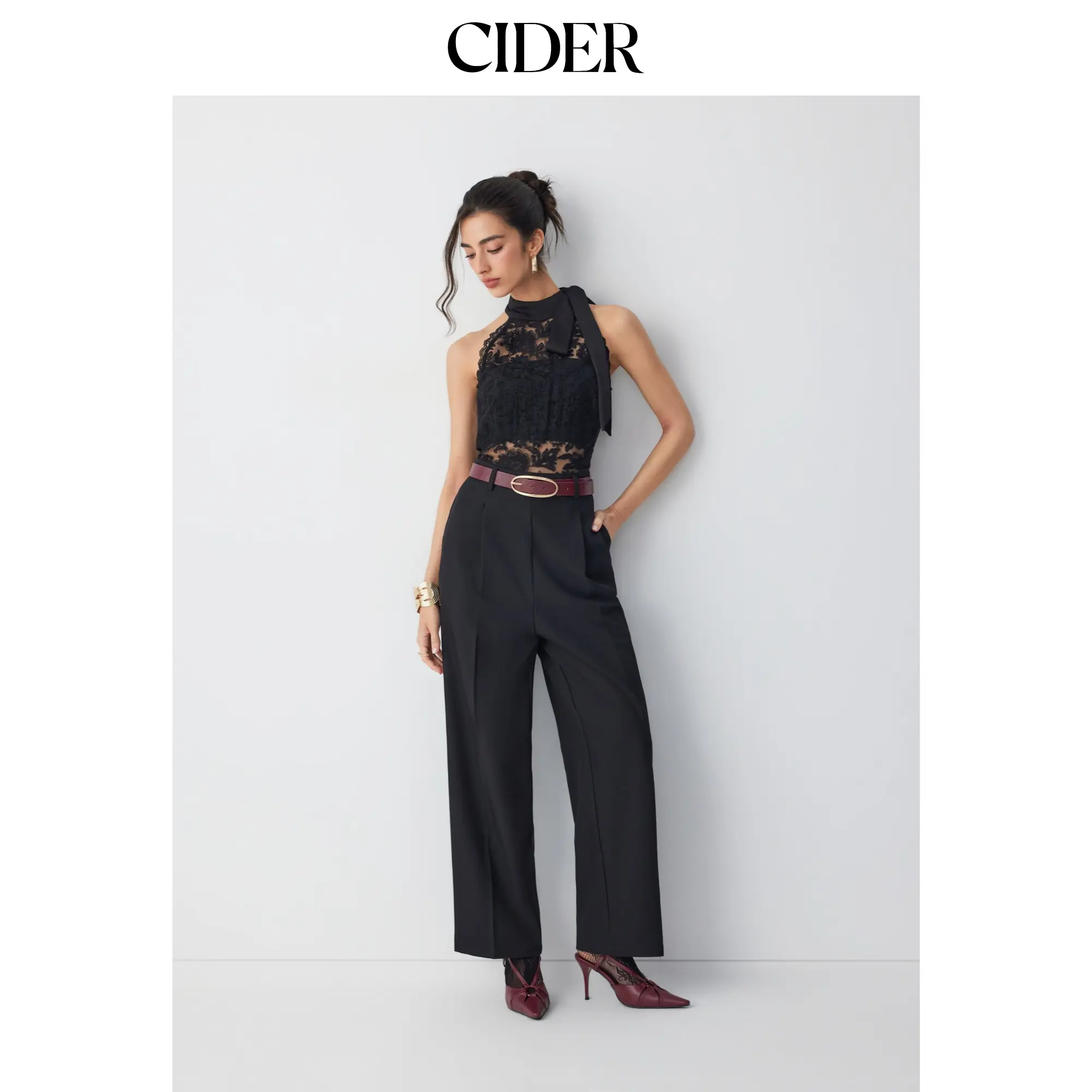 Cider Cotton-blend Stand Collar Lace Panel Mid Rise Straight Leg Jumpsuit With Scarf