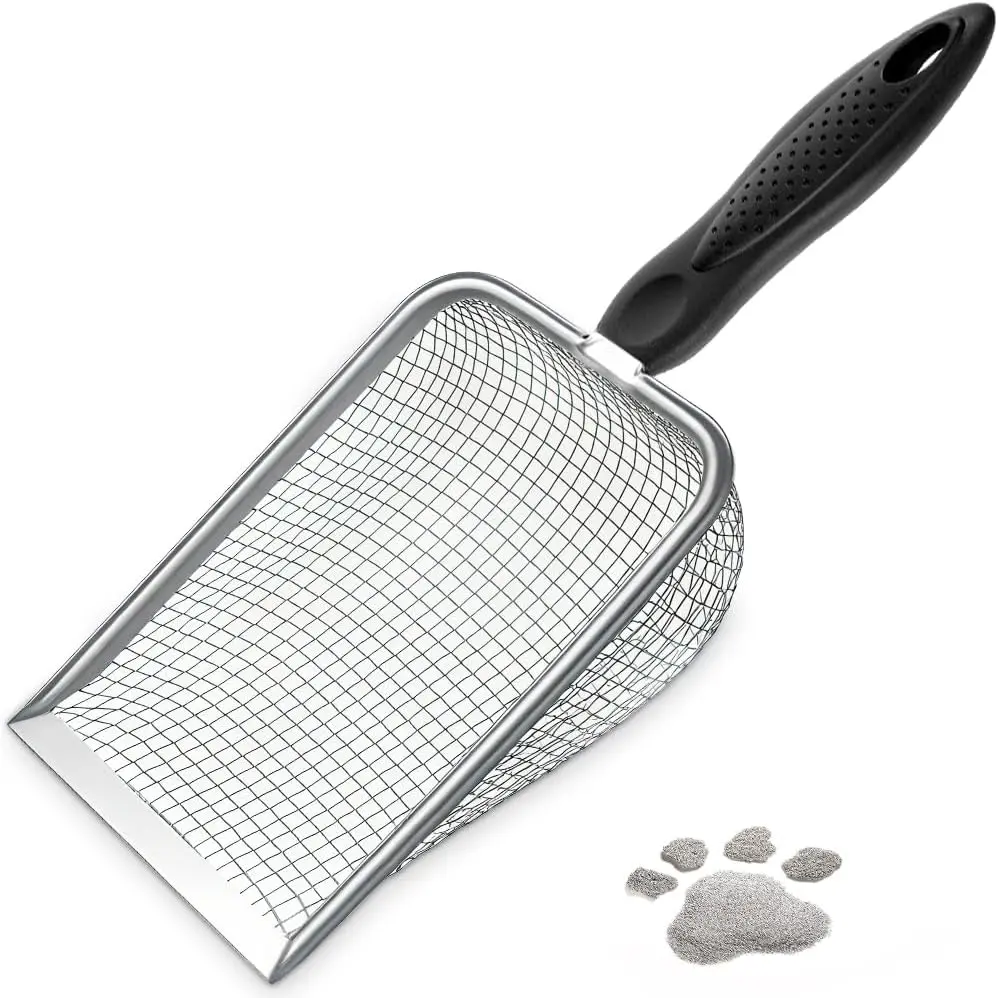 Cat Litter Scoop,Sturdy Litter Cleaner Corner Shovel,Stainless Steel Mesh Litter Shovel,Easy to Clean Reptile Terrarium Sand Waste,Beach Shovel(Black), Clump Removal, Ergo Handle