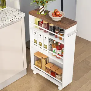 212 MAIN Narrow Rolling Kitchen Storage Cart - 20 in. Slim Width Durable Reinforced Organizer, 4-Tier Wooden-Steel Freestanding Storage Rack with Shelf, Locking Wheels & Handle, Brown & White Finish for Kitchen Organization