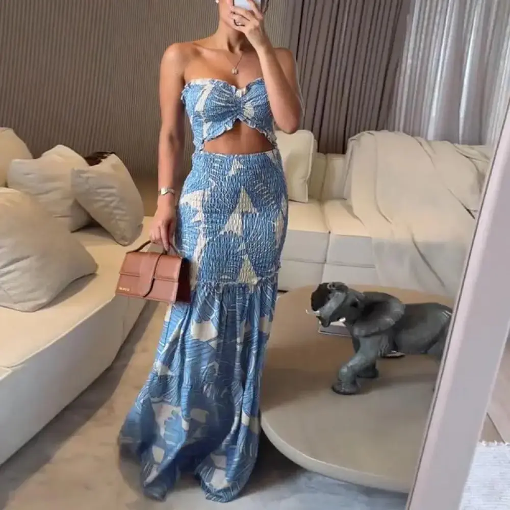 Women's 85% Viscose Tropical Print Bandeau Bodycon Dress, Tie Drawstring Ruched Shirred Design with Cinched Waist and Ruffle Hem Mermaid Silhouette, vacation chic, elegant silhouette, stunning presence