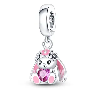 Silver 925 Bunny Rabbit With Zirconia Heart Charm Jewel DIY Bracelets Necklaces
