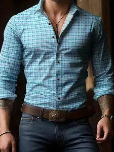 ZYNE Men's All Over Plaid Print Button Up Shirt, Button Front Shirt, Casual Buttons Collared, Casual Long Sleeve Collared Top for All Seasons, Men's Clothes for Daily Wear