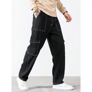 Men's Solid Color Top-Stitching Cargo Jeans, Loose Casual Comfy Multi-pocket Denim Pants for Daily Wear, Fashion Men's Bottoms for All Seasons
