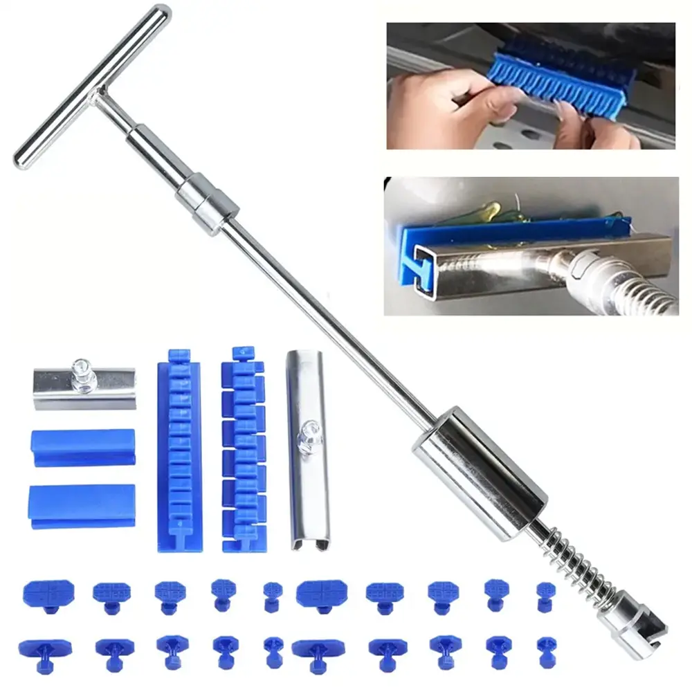 Car dent repair tool set, with 20 blue washers and high-quality dent repair long puller, perfect for vehicle maintenance and repair, used to remove dents, small hail dents