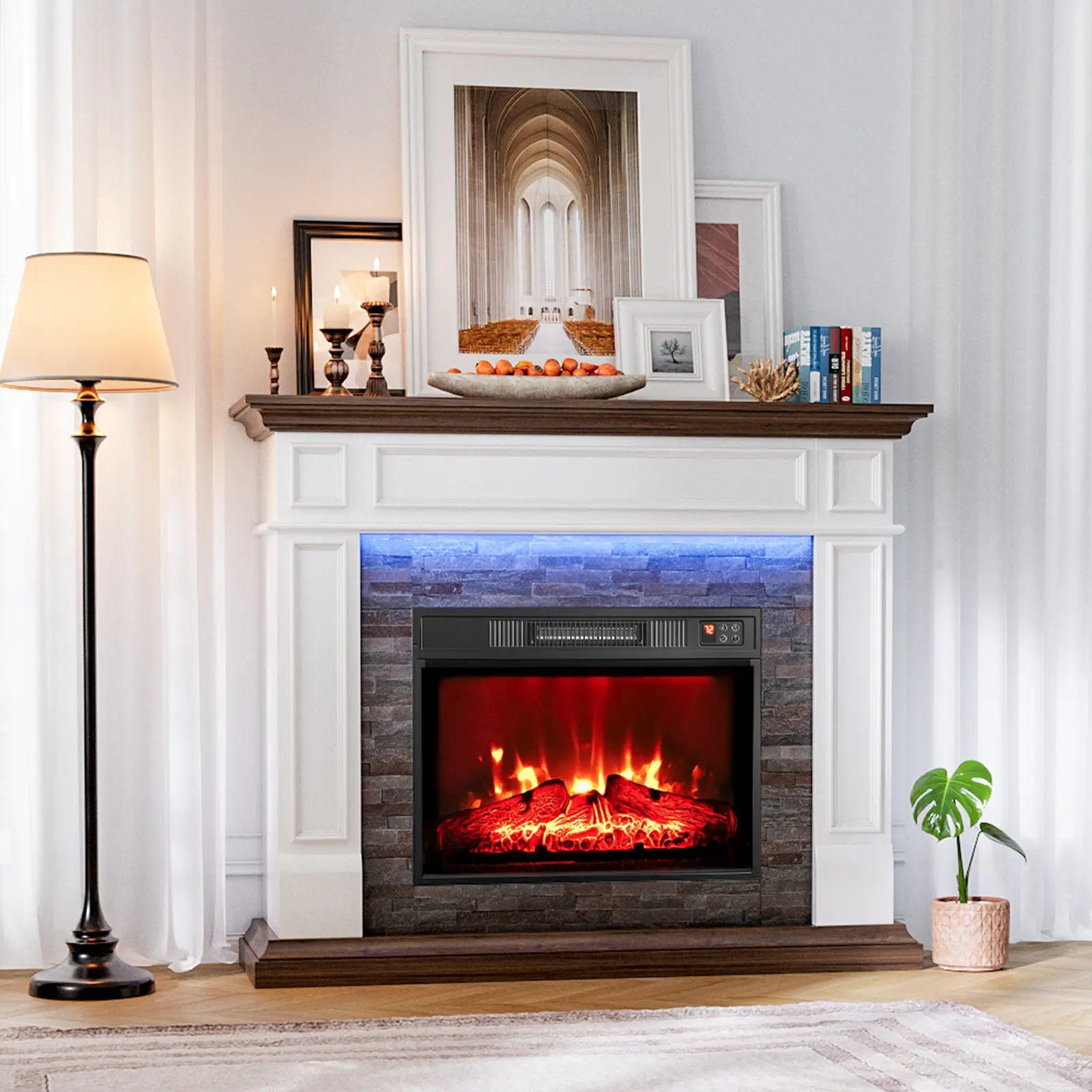 【2 Packages shipped] LGHM 44" /72‘’/104‘’Electric Fireplace with Mantel, Fireplace TV Stand for TVs , Farmhouse Entertainment Center with Storage, Fireplace Heater Insert with Realistic 3D Flame for Living Room,Bedroom，Traditional Fireplace Mantel