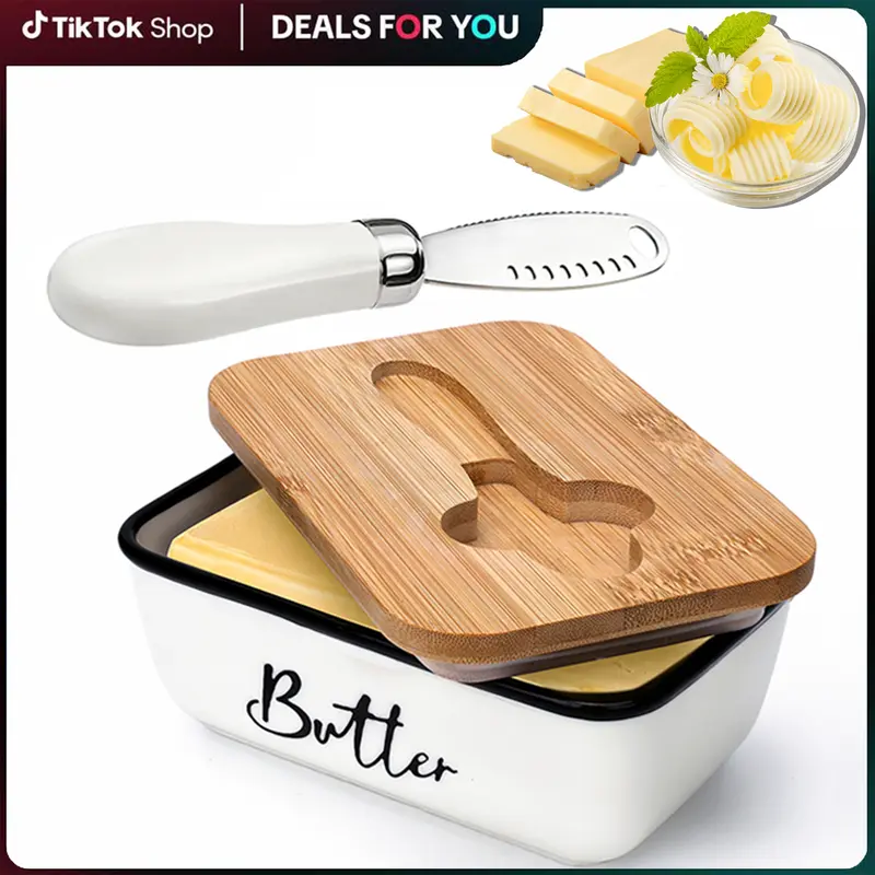 Large Rectangular Butter Dish with Lid, Built-in Curler Knife & Double Silicone Freshness Seal - Kitchenware Countertop Container, Gift Boxed for Brunch & Entertaining, Farmhouse Home Organizer