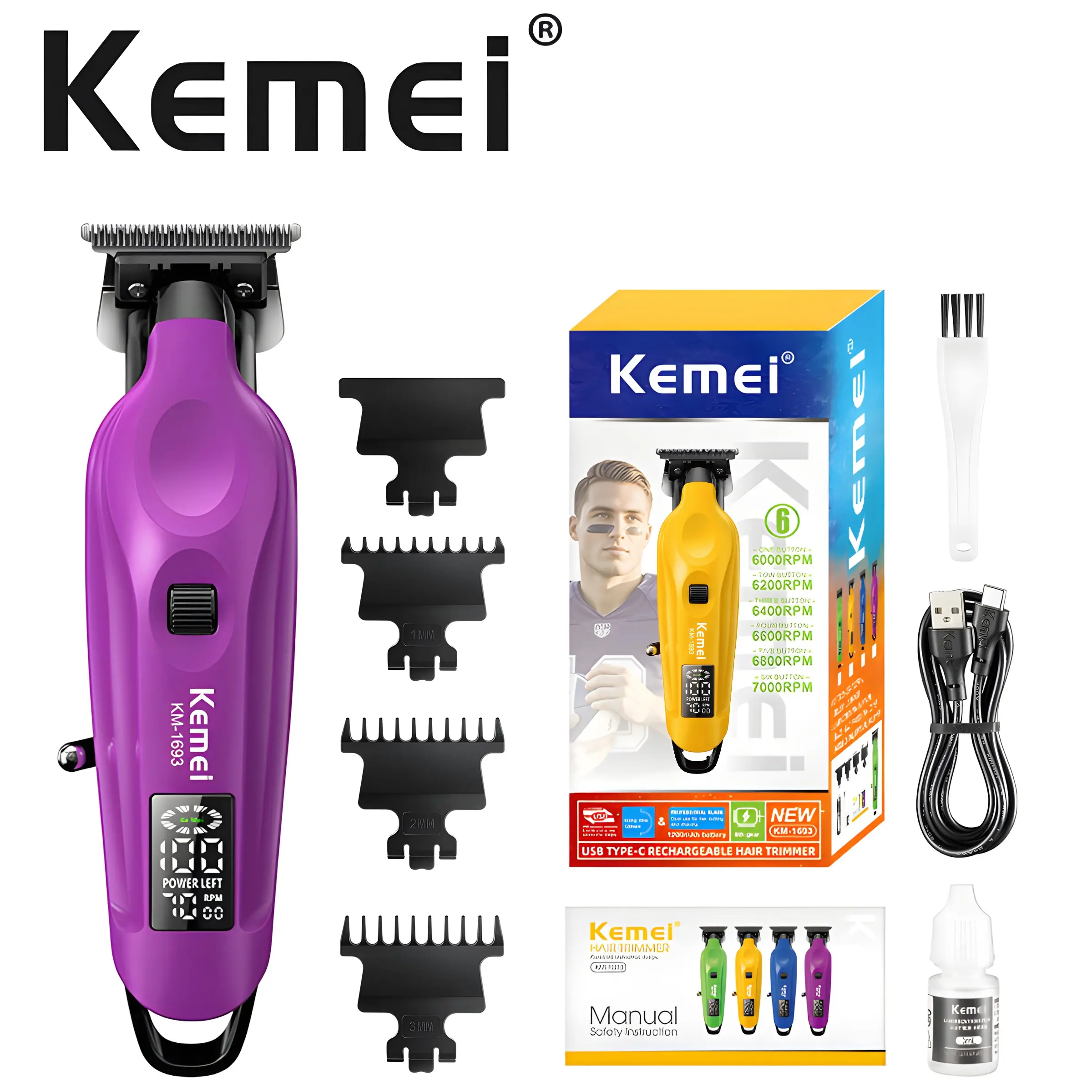 Km-1693 High-Speed Hair Trimmer, 7000 Rpm Strong Motor, Men's Zero Gap Carving Push Clipper, New Lithium Ion Battery, 1200mah Capacity, Cordless Rechargeable Clippers, Wireless Haircut Tool, Trimmer Machine
