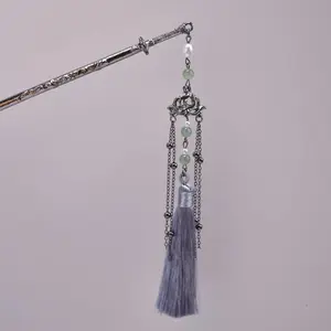 Lotus Mist Gun Metal Sliver Tassel Hairpin with Textured Hold - Elegant Accessory for Stylish Hairstyles