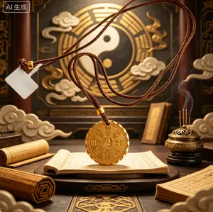 Chinese Taoist 18K Gold Plated Protective Talisman Medal Necklace for Men Women