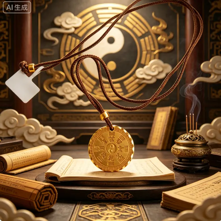 Chinese Taoist 18K Gold Plated Protective Talisman Medal Necklace for Men Women
