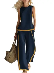 Women's 2026 Linen Blend Two Piece Set, Sleeveless Color Block Casual Top, Wide Leg Pants, Summer Beach Party Outfit#SummerSet #LinenOutfit #WideLegPants #BeachWear #PartyOutfit #WomensOutfit