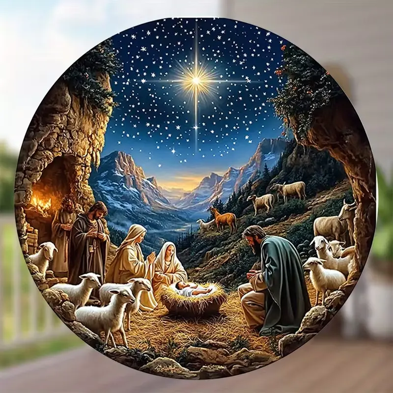Rustic Farmhouse Round Metal Nativity Scene Sign - Religious Classic Religious Decorations with Star Backdrop, Tin Wall Plaque, Christian Holy Family Jesus Manger Wall Mounted Home Decor, Faith Lovers Gift, Starry Night