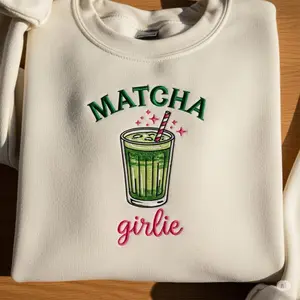 Matcha Girlie Embroidered Crewneck | Coquette Aesthetic Green Tea Sweatshirt | Soft Y2K Retro Pullover Gift for Matcha Lovers
