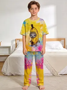 Pixel Carnival 2-Piece Set for Little Monkeys & Bananas - Boys' Digital Printed Short-Sleeve Pajamas with Extended Sleep Pants, Stylish, Trendy, Casual, Comfortable and Soft Sleepwear Set, Suitable for Boys' Sleeping and Home Leisure, a Perfect Gift for B