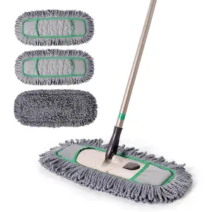 Pro Dust Mop for| Dry Mop with 3 Reusable Microfiber Pads, Pet Hair Removal, Spill Absorption| One-, Telescopic Handle for Home and Use, Grey+Green