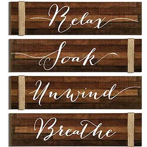 4 Pieces Farmhouse Wall Art Bathroom Sign Rustic Relax Soak Unwind Breathe Wood Sign for Home Spa Bathroom Decor, 11.8 x 3 Inch (Brown)