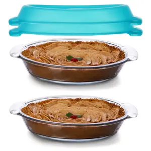 Libbey Baker’s Premium Glass Pie Dish Set of 2 with Lids, 9 Inch Round Baking Dishes, Stackable Bakeware with GreatGrip Handles, Durable Covered Pie Plates