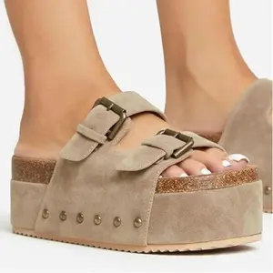 Heelchic Platform Sandals Women, Tan,Chunky Platform Wedges with Arch Support, Big Buckle Casual Open Toe Slide Sandals
