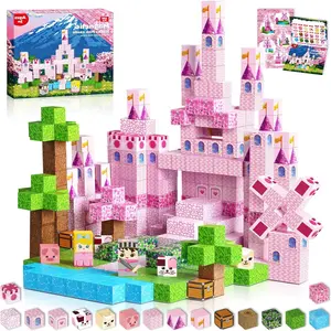 100PCS Pink Magnetic Building Blocks Princess Castle Stacking Cube Toys for Boys Girls Creative Magnet Square Gift for Kids Preschool Educational Toddlers Travel Toys Gift Building Block Sets