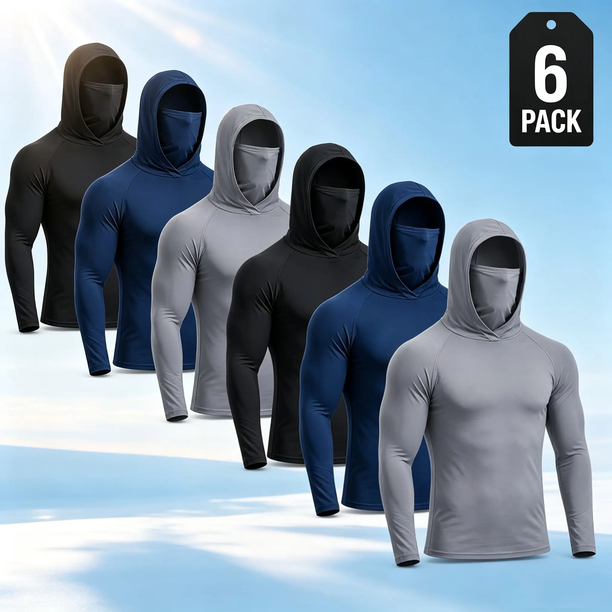 6-Pack Men's Workwear Hoodie with Built-in Face Mask, UPF 50+ Sun Protection Construction Work Shirt, Quick Dry Dust-Proof Long Sleeve Fishing Lawn Care Tops mask hoodie for work, sun protection workwear, 6 pack work shirts, breathable work hoodie