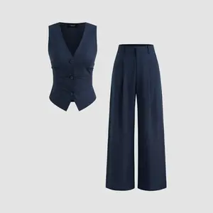Cider Cotton-blend V-neck Solid Button Vest & Mid Rise Pocket Wide Leg Trousers
