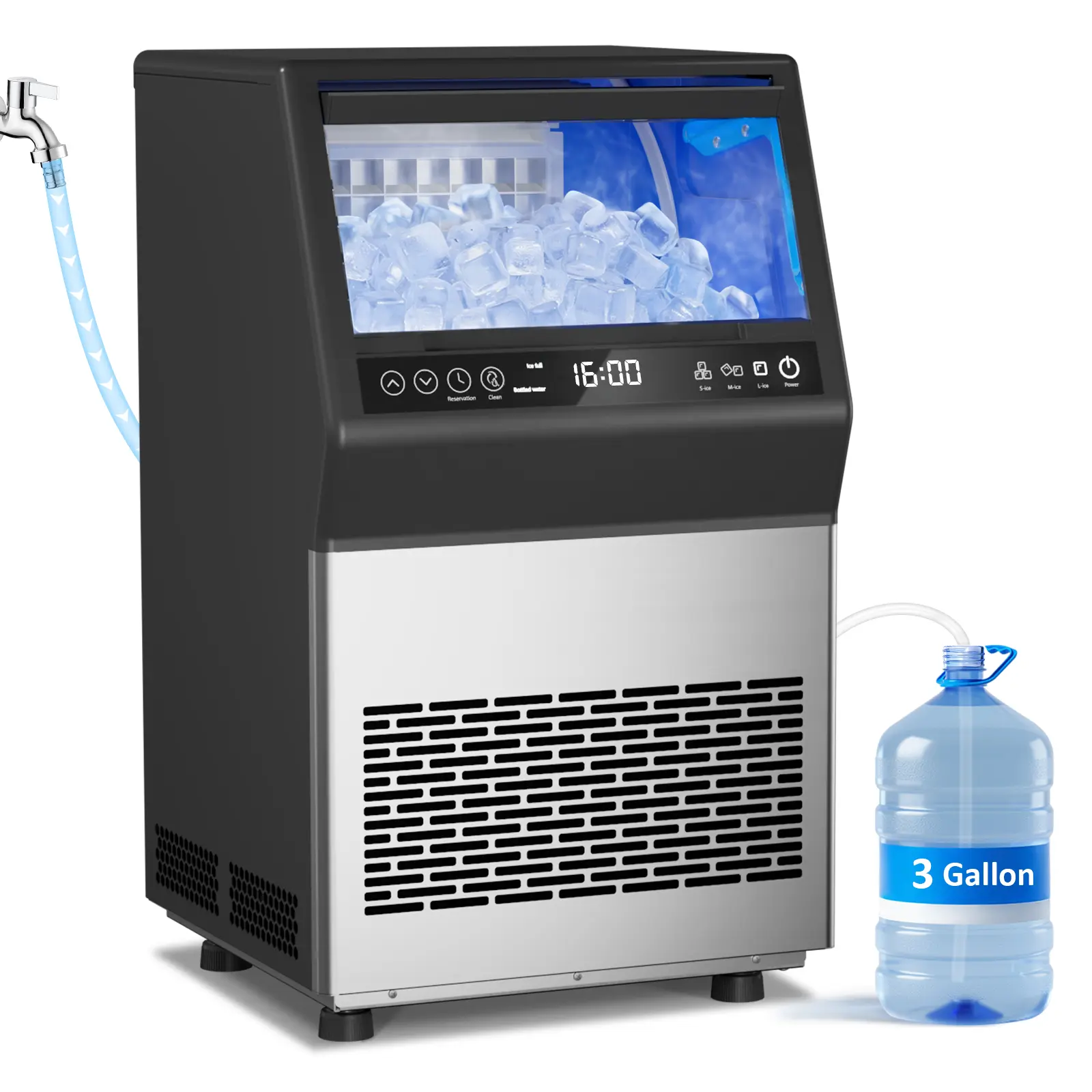 Ice Maker Machine Commercial, Freestanding Ice Maker 45 Ice Cubes in 8-20 Mins 110lbs/24H with 3 Ice Thickness Jug & Tap Water Inlet Auto Self-Cleaning 10lbs Ice Storage for Home Office Bar