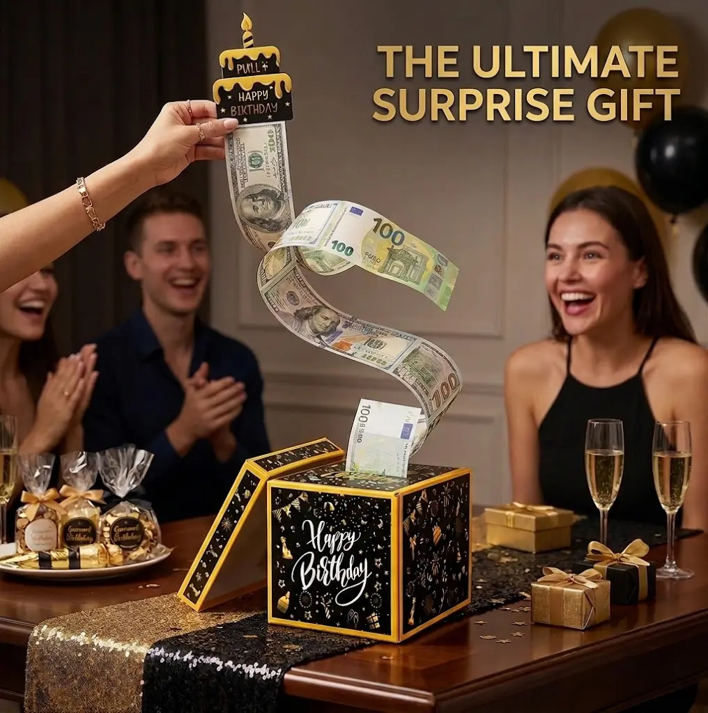 Birthday Money Pull Box for Cash Gift with DIY Self-Adhesive Age Stickers | Happy Birthday Money Box for Surprise Cash Gift, With Pull Out Cake Card Holder, Party Decor Ideas With 50PCS Bags
