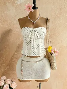 2026 Polka Dots Tube Tops Y2k Strapless Pleated Babydoll Peplum Going Out Party Tops