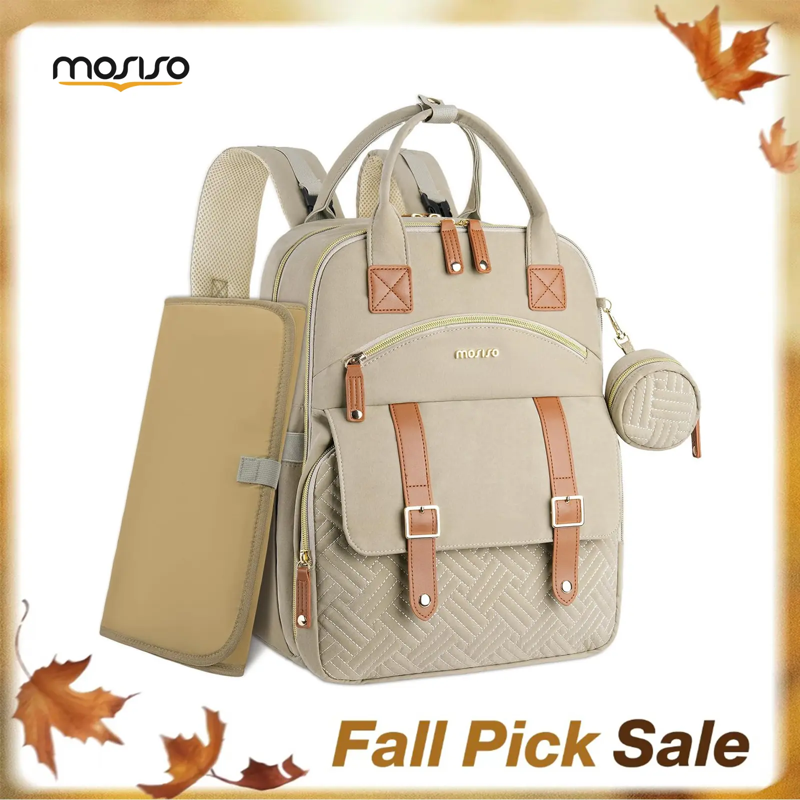 MOSISO Polyester Solid Diaper Bag Backpack, Large Capacity Multi-Compartment Baby Backpack with Changing Pad, Insulated Bottle Pockets, Stroller Straps, Waterproof Travel Mom Bag for Newborn Baby Care, Taupe Brown