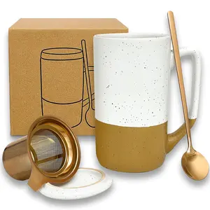 Ceramics Large Tea Cup with Loose Leaf Infuser, Spoon and Lid, 16 oz Tall Coffee Mug, Microwave and Dishwasher Safe, Rustic Matte Glaze, Tea Strainer
