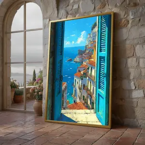 [sale off up to 40%] [Frame Canvas] Coastal Village View, Open Window Canvas, Mediterranean Sea Art, Scenic Wall Decor, Framed Print Canvas