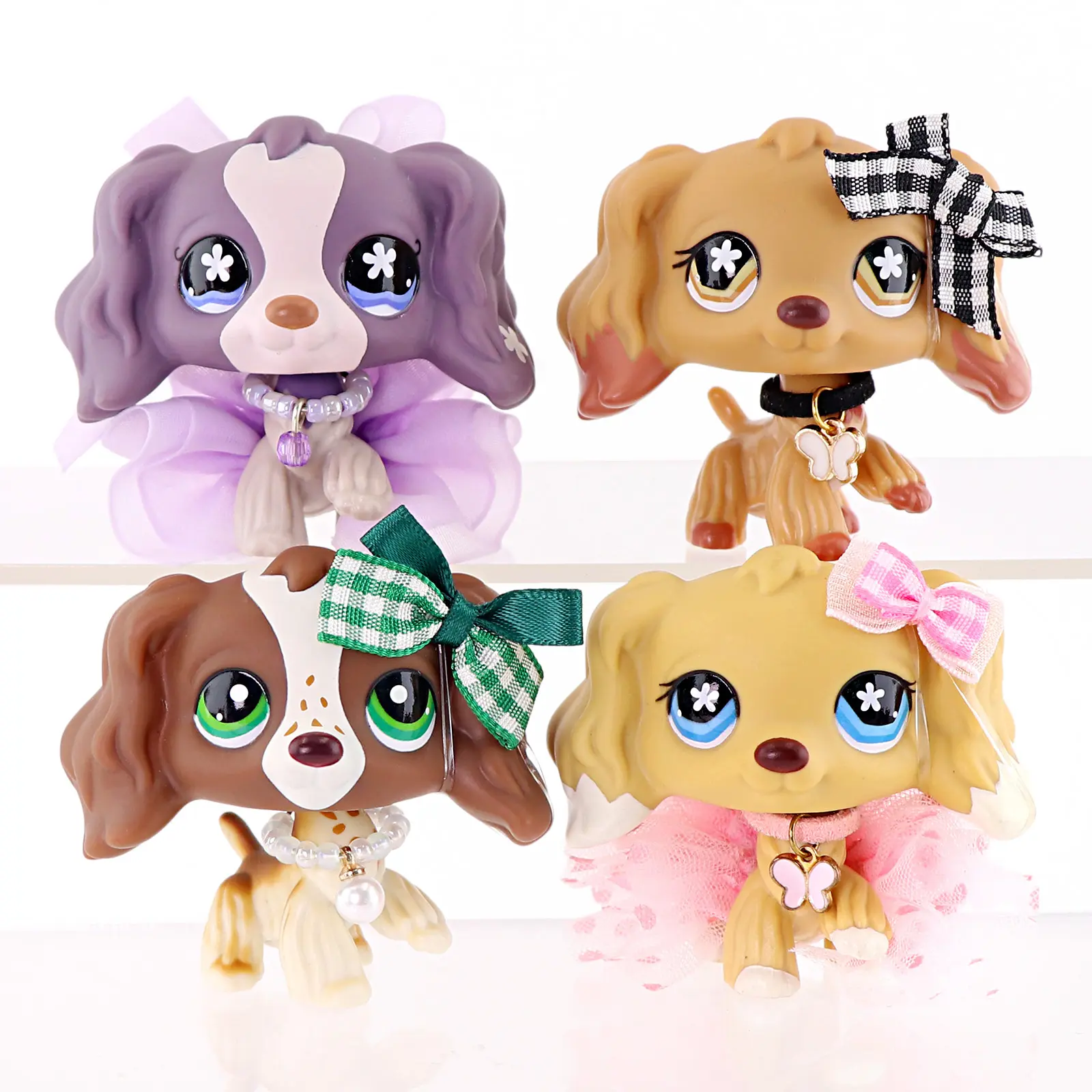 4 Pcs Plastic Long Ear Spaniel Puppy Figurine Set - Smooth Cartoon Dog Figures with Bow, Tutu, Collar Accessories, Eye-Catching Kawaii Collectibles, Shelf/Desktop Decor Gift for Hobby Collectors