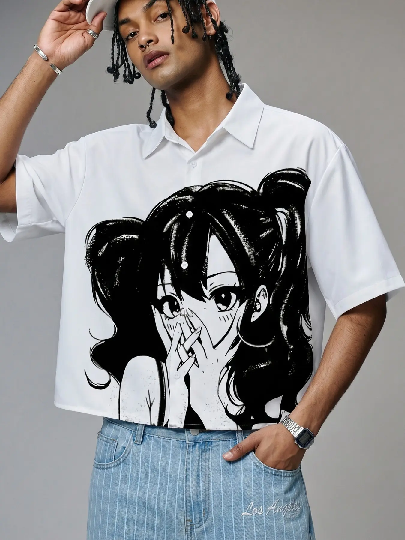 Men's Anime Girl Print White Short Sleeve Shirt, 100% Polyester, Wrinkle-Resistant & Breathable, Oversized Fashion Streetwear Button-Up Top, Casual Comfy Collared, Ideal for Casual Wear & Y2K Aesthetic
