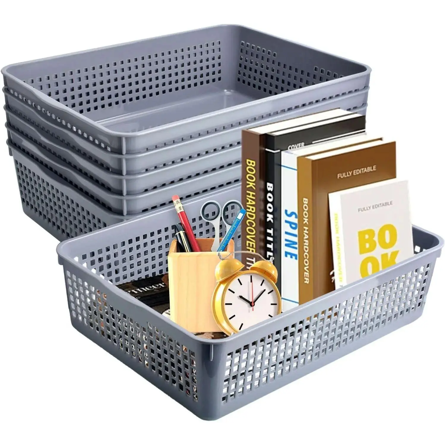 6-Piece A4 Size Turn-In Trays Classroom Organiser, Plastic Storage Basket Paper Tray for Office, Kitchen Shelves & Bedrooms, Snack Boxes (Gray)