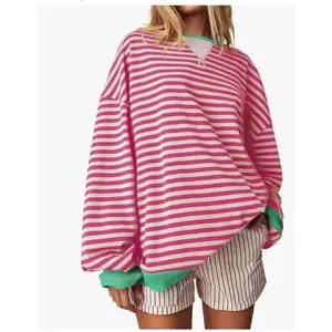 Spring Summer Women's Loose T-Shirt, Striped Print, Casual European American Fashion, Long Sleeves, Soft & Lightweight, Perfect for Everyday Wear