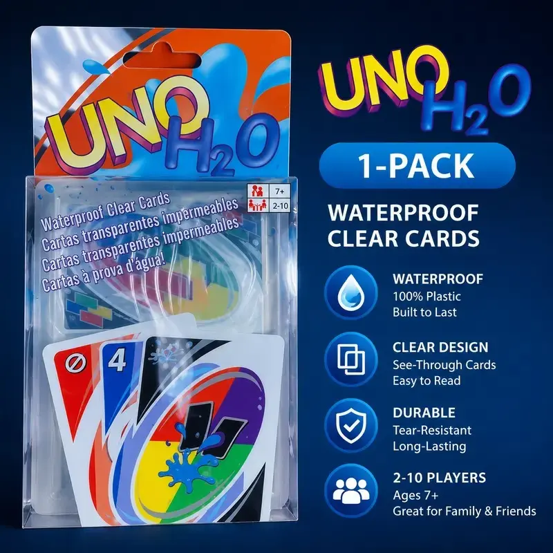 UNO H2O Waterproof PVC Card Game for Summer Pool Parties, Splash-Proof Leak-Proof Clear Water UNO-Style Toy Cards, Multiplayer Party Card Deck and Birthday Board Game Gift, Waterproof Card Games