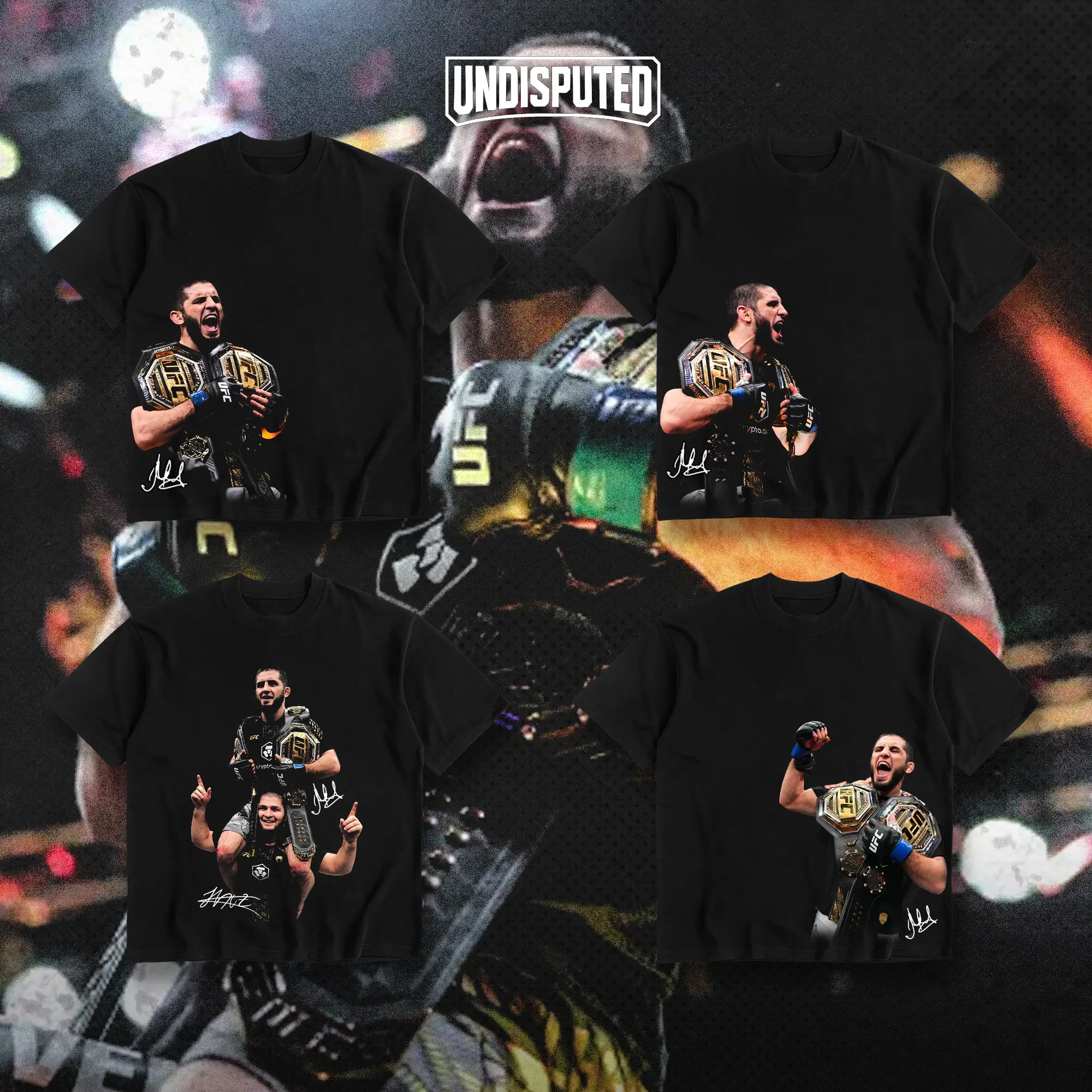 UNDISPUTED Islam Makhachev DOUBLE CHAMP Collection UFC Heavy Cotton Shirt UFC Tshirt UFC 322 Fan Apparel Menswear Direct-to-garment Breathable Printing