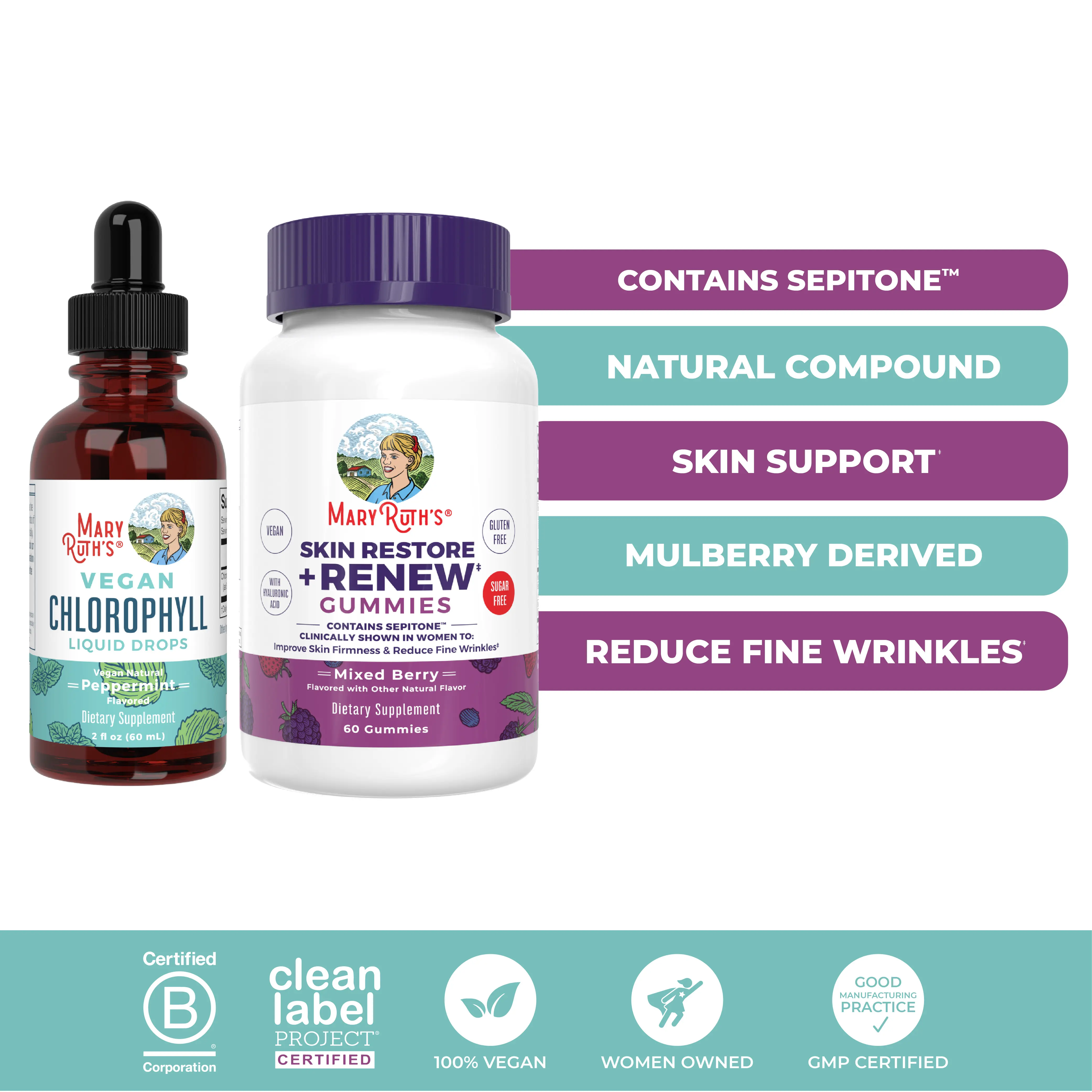 MaryRuth's Liquid Chlorophyll + Skin Restore & Renew Gummies Bundle - Vegan Chlorophyll Liquid Drops 2 oz - Skin Restore + Renew Gummies 60 ct