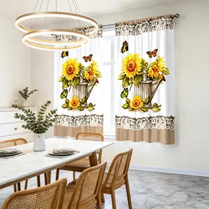 2-pack, Sunflower and Watering Can Pattern, Home Textile Window Decoration, Digital Print Curtains, Rod Pocket Design (Rod Not Included), for Home Decor Curtains in Living Room, Bedroom, and Kitchen.
