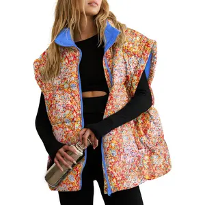 Goranbon Womens Floral Oversized Puffer Vest Cap Sleeve Winter Warm Puffy Quilted Jackets Coat