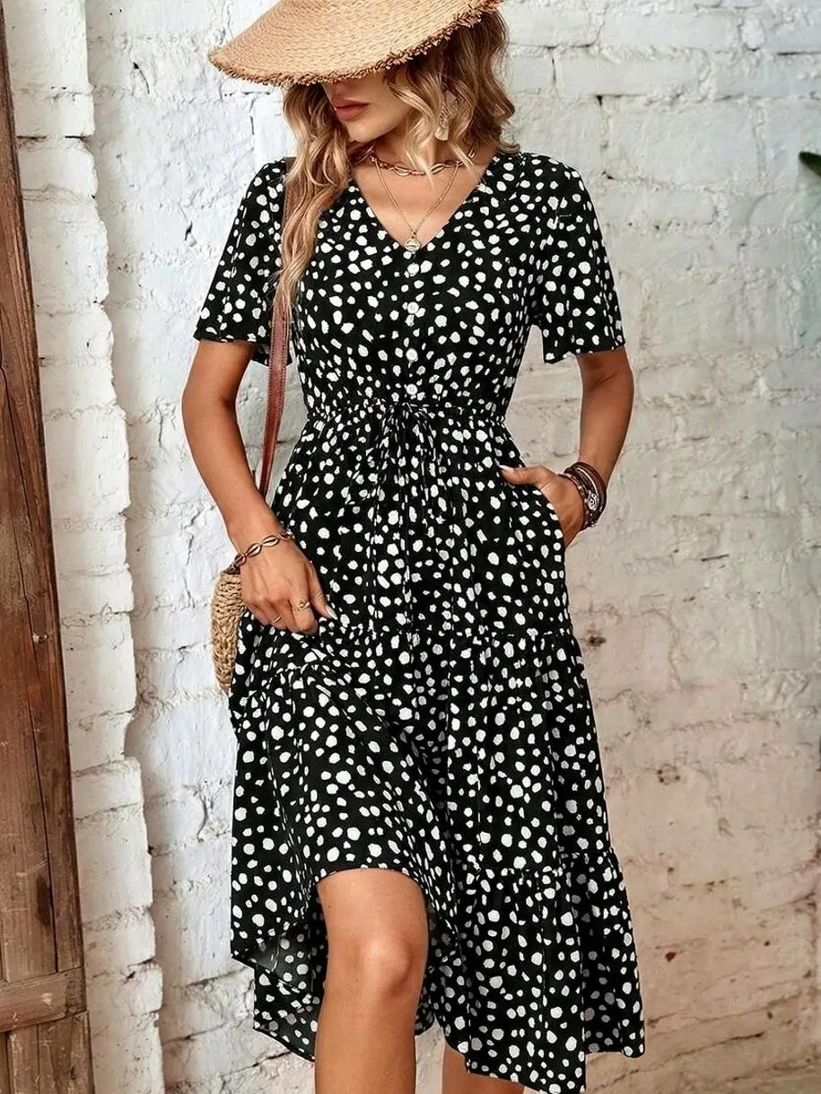 Dalmatian Print Knot Front Ruffle Hem Dress Maxi Women Outfit