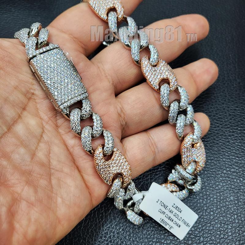 MaxBling81 Unisex Men Women AAA+ SIMULATED DIAMOND 15mm 18" CUFF CUBAN BRASS HIP HOP CHAIN NECKLACE SILVER / ROSE GOLD FINISHED