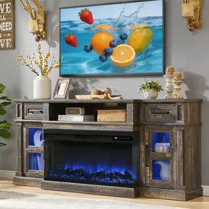 Dark Rustic Oak 3-Side Fireplace TV Stand for up to 80 Inch TV, LED Entertainment Center with 36 Inch Electric Fireplace, Farmhouse TV Console Table w/Drawers & Cabinets for Living Room