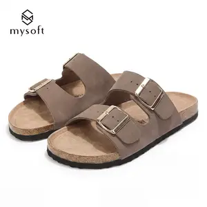 mysoft Womens Flat Sandals Cork Footbed Slides 2 Straps Adjustable Buckle Slip On Summer with Comfort Shoes  summervibes